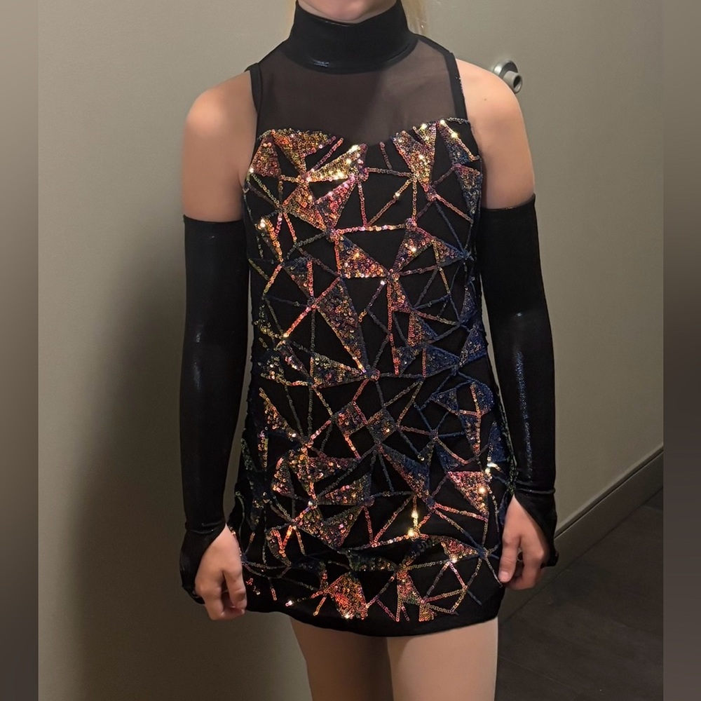 Jazz Costume with gloves. Black and Multicolor Geometric Pattern Dressing